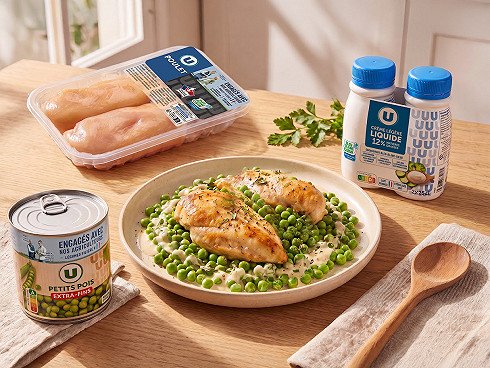 Poulet rôti aux petits pois U et crème U Bleu-Blanc-Coeur